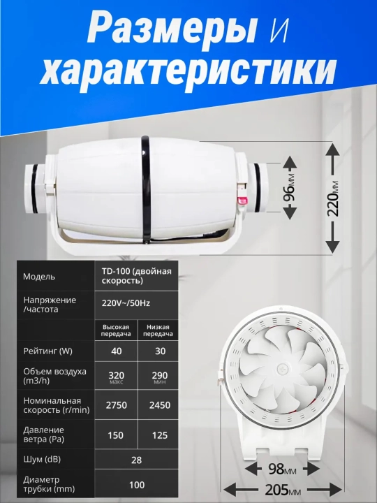 Канальный вентилятор серии HZ 100–200 мм, 220 В, 40–130 Вт