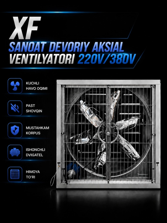 XF sanoat devoriy aksial ventilyatori 380V, 7000–54000 m³/soat, metall korpus - 