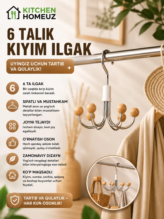 6 ilgakli ko‘p funksiyali veshalka — tartib va qulaylik bir joyda