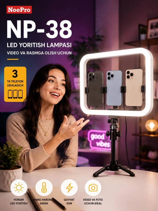LED лампа свет для видео фото 30W 3000LM 6000K с держателем телефона - 