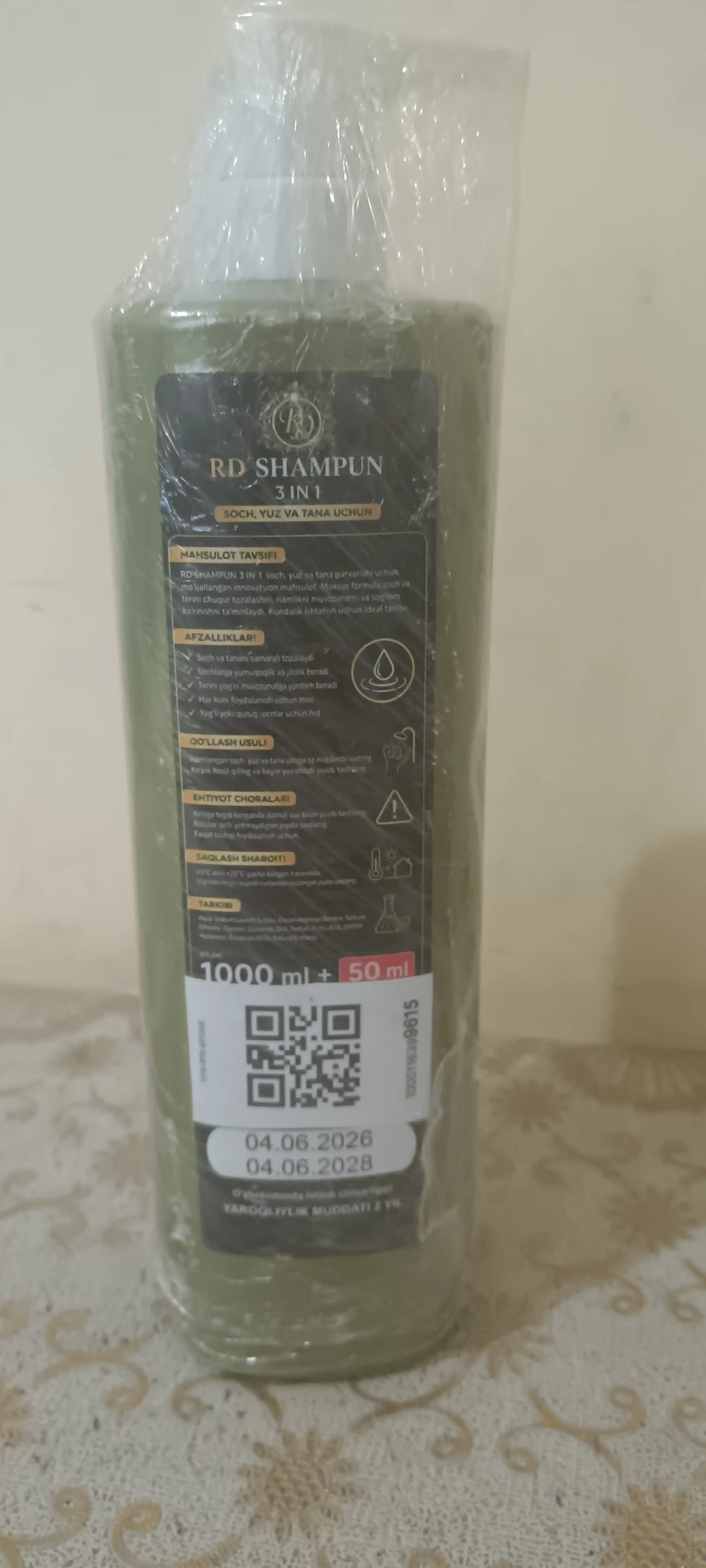 RD dush shampuni va geli, soch, yuz va tana uchun 3 tasi 1 da, yangi formula, 1000 ml + 50 ml
