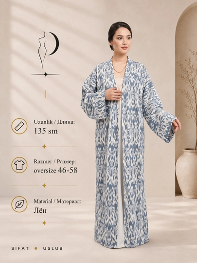 Ayollar uchun milliy abaya, standart o‘lcham, 46-60, material: zig‘ir