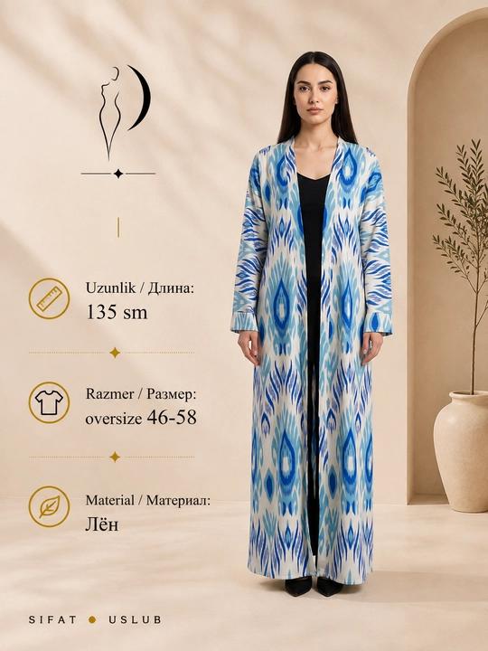 Ayollar uchun milliy abaya, standart o‘lcham, 46-60, material: zig‘ir