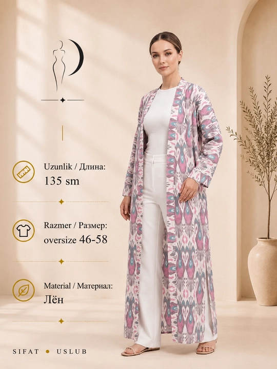 Ayollar uchun milliy abaya, standart o‘lcham, 46-60, material: zig‘ir