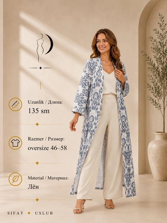 Ayollar uchun milliy abaya, standart o‘lcham, 46-60, material: zig‘ir