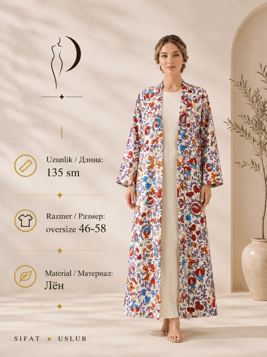 Ayollar uchun milliy abaya, standart o‘lcham, 46-60, material: zig‘ir