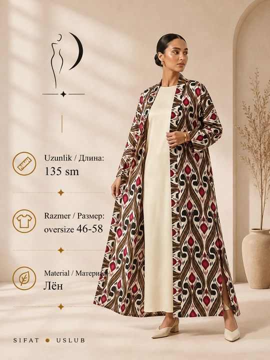 Ayollar uchun milliy abaya, standart o‘lcham, 46-60, material: zig‘ir
