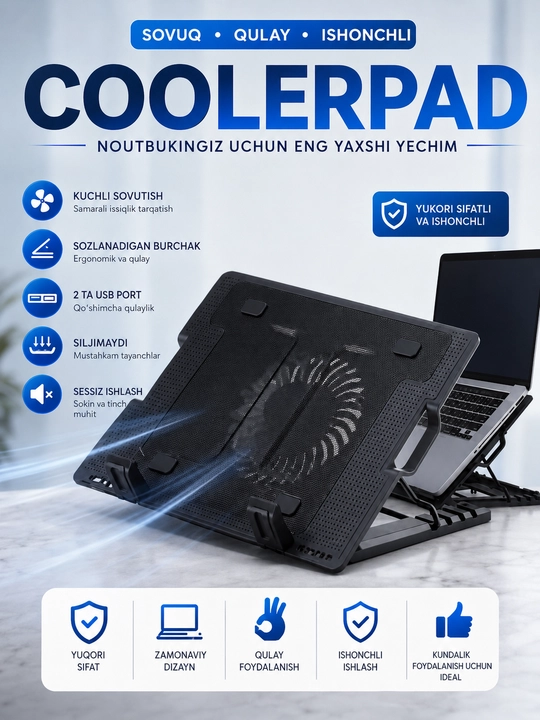 CoolerPad Noutbuk Sovutish Stendi – 9–17" Laptoplar Uchun USB Ventilyatorli Stend - 
