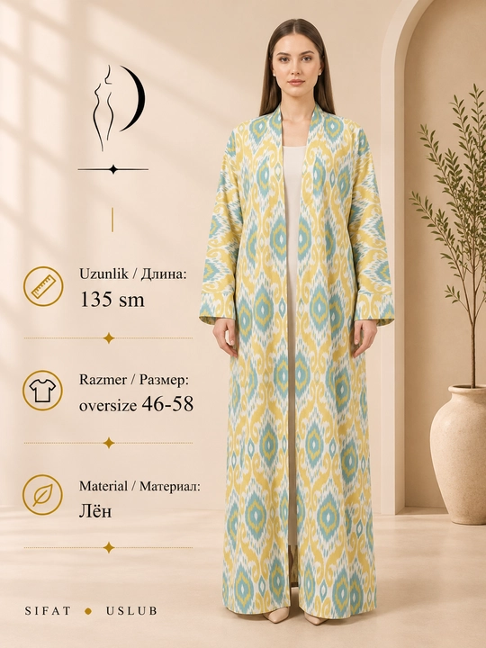 Ayollar uchun milliy abaya, standart o‘lcham, 46-60, material: zig‘ir