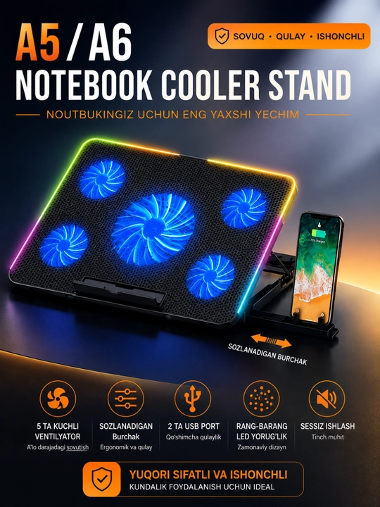 A5/A6 CoolerPad Noutbuk Sovutish Stendi – 5 Ventilyatorli, RGB, USB, 9–17 Dyuym - 