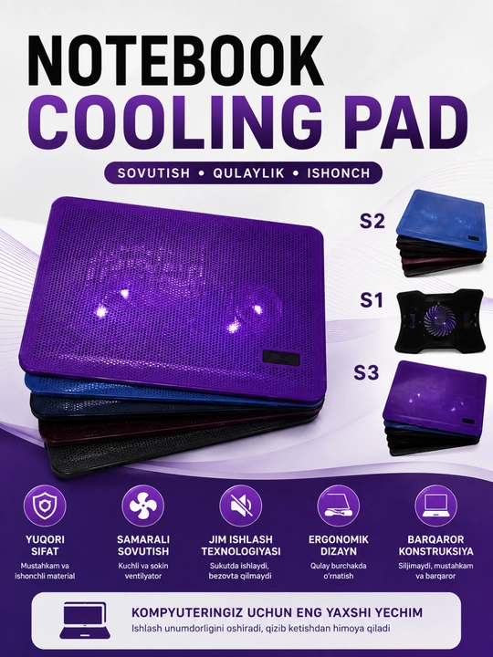 S1/S2/S3 Notebook Cooling Pad – 9–17" Noutbuklar Uchun USB Sovutish Stendi - 