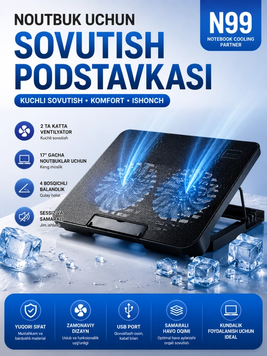 17 Dyuymgacha Noutbuklar Uchun USB Sovutgich Stend – 2 Ventilyatorli Cooling Pad - 