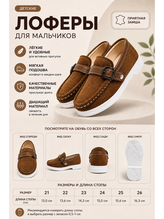 Детские лоферы для мальчиков из замши, коричневые, размеры 21–26 - 