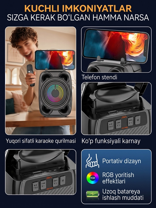Katta simsiz kalonka Sing-e ZQS, kuchli bass, bluetooth, mikrofonli, karaoke, bayram uchun