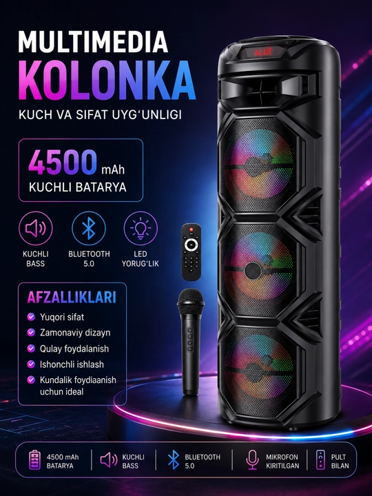 Ko‘p funksiyali Bluetooth karaoke kolonkasi RGB LED, simsiz mikrofon va pult bilan - 