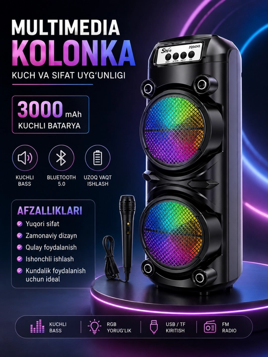 3000W Bluetooth Karaoke Kolonkasi, RGB LED, Mikrofon va USB/TF Qo‘llab-quvvatlash - 