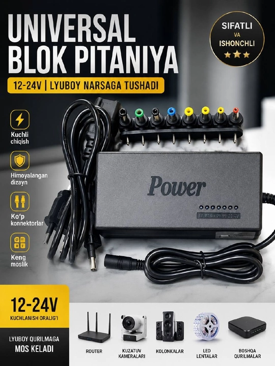 Universal blok pitaniya, 12V-24V adapter, universal adapter, quvvat manbai - 
