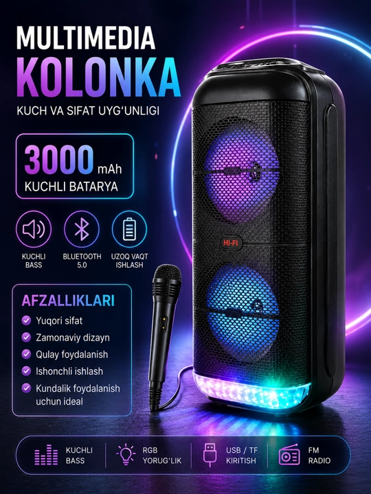 3000W Premium Bluetooth Karaoke Kolonkasi, RGB LED, Mikrofon va USB/TF Qo‘llab-quvvatlash - 