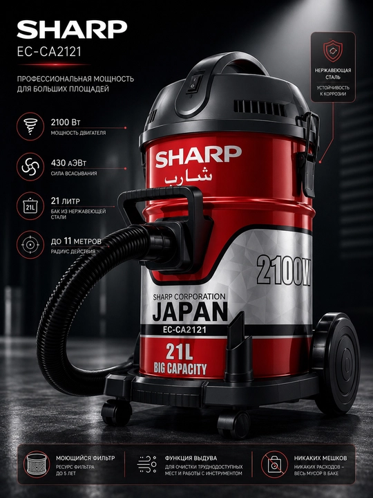 Sharp EC-CA2121 changyutgichi, quruq tozalash, quruq tozalash, yuviladigan filtr