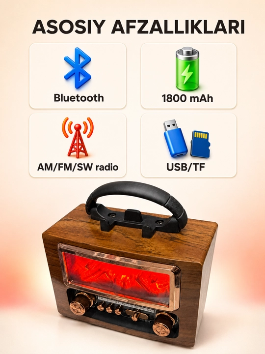 Колонка-радио NNS NS-901BT, Bluetooth, FM/AM/SW, USB/TF, 1800 мАч, с подсветкой