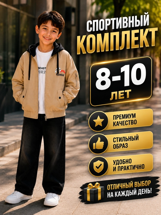 O‘g‘il bolalar uchun 3 qismli sport komplekti, kurtka, futbolka va shim, 8–10 yosh - 