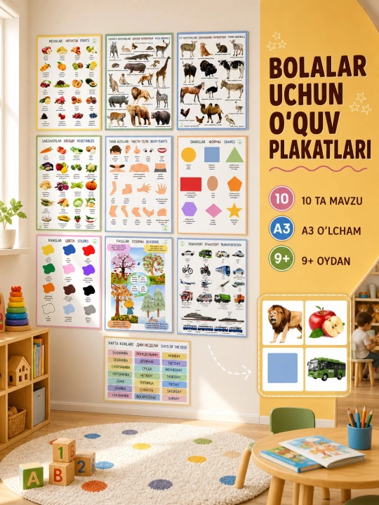 Bolalar uchun 10 ta rivojlantiruvchi plakatlar to‘plami, A3 formatda, 3 tilda - 