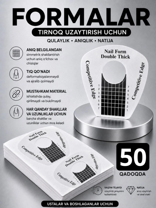 Tirnoqlarni o‘stirish va modellashtirish uchun shaffof qoliplar, 10, 20, 50, 100 dona - 