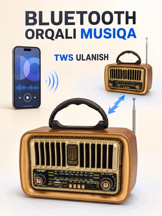 Колонка-ретрорадио NNS NS-7216BT, Bluetooth, AM/FM/SW, USB/TF, TWS, с аккумулятором