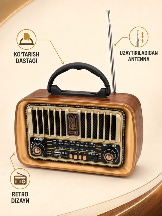 Колонка-ретрорадио NNS NS-7216BT, Bluetooth, AM/FM/SW, USB/TF, TWS, с аккумулятором