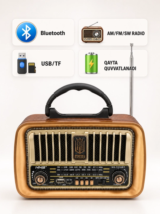 Колонка-ретрорадио NNS NS-7216BT, Bluetooth, AM/FM/SW, USB/TF, TWS, с аккумулятором