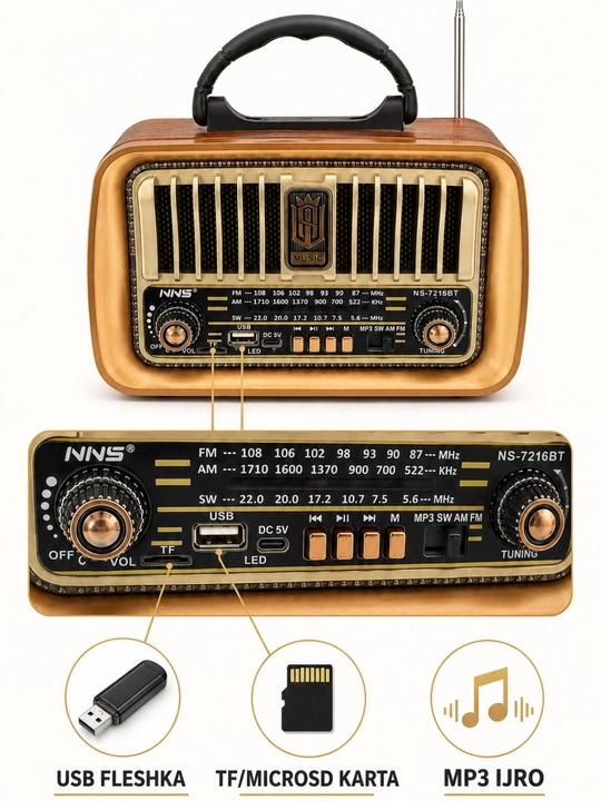 Колонка-ретрорадио NNS NS-7216BT, Bluetooth, AM/FM/SW, USB/TF, TWS, с аккумулятором