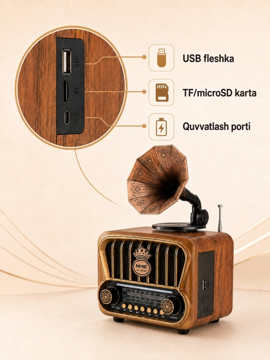 Колонка-ретрорадио NNS NS-7251BT, Bluetooth, FM/AM/SW, дизайн граммофона