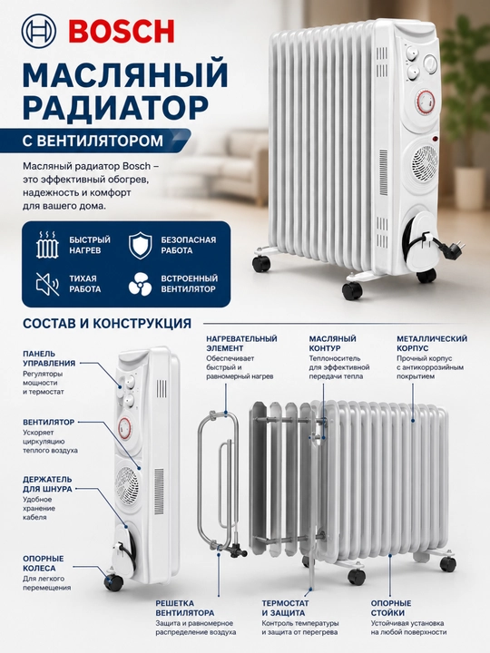 BOSCH moyli radiator isitgich, uylar va idoralar uchun