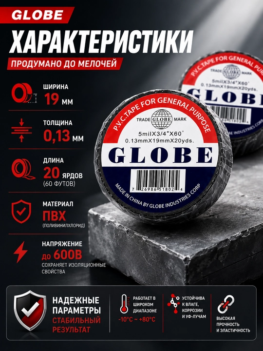 Набор Изоленты ПВХ Globe для изоляции, 2 / 4 / 10 шт, 20 ярдов