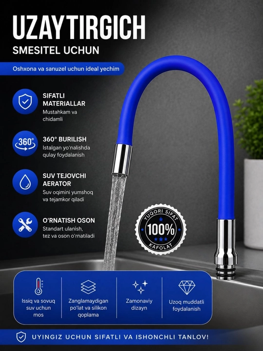 Smesitel uzaytirgich, kran uchun egiluvchan uzaytirgich, 360° shlang, oshxona krani - 