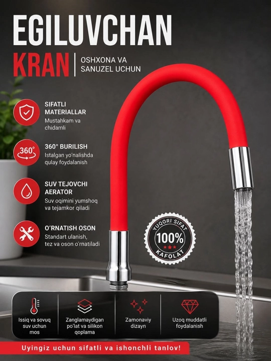 Smesitel uzaytirgich, kran uchun egiluvchan uzaytirgich, 360° shlang, oshxona krani - 