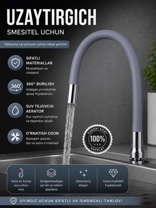 Smesitel uzaytirgich, kran uchun egiluvchan uzaytirgich, 360° shlang, oshxona krani - 
