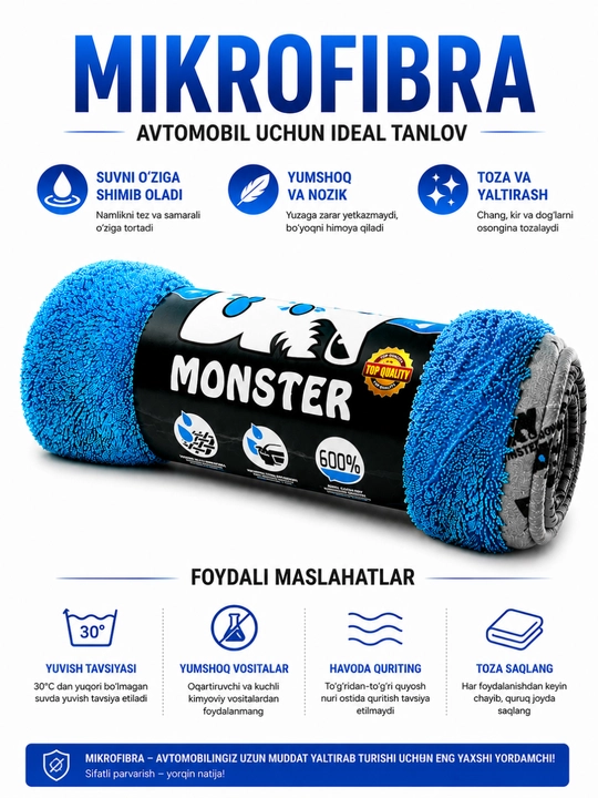 Mikrofibra, avtomobil uchun latta, avtomobil salfetkasi, shimib oluvchi latta, avtomobil salfetkasi, 50x60 sm o‘lchamli avtomobil - 