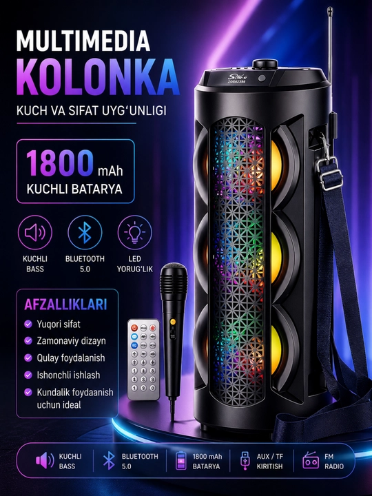 ZQS4303 Bluetooth Karaoke Kolonkasi, Mikrofon, RGB LED va Masofadan Boshqaruv Pulti - 