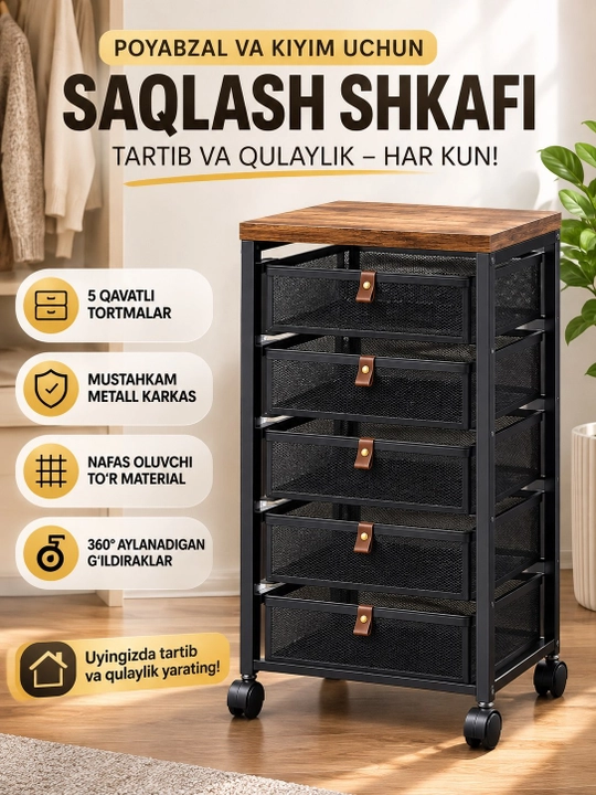5 qavatli sabzavot va mevalar uchun metall saqlash javoni, g'ildirakli oshxona organayzeri - 