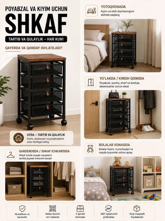 5 qavatli sabzavot va mevalar uchun metall saqlash javoni, g'ildirakli oshxona organayzeri