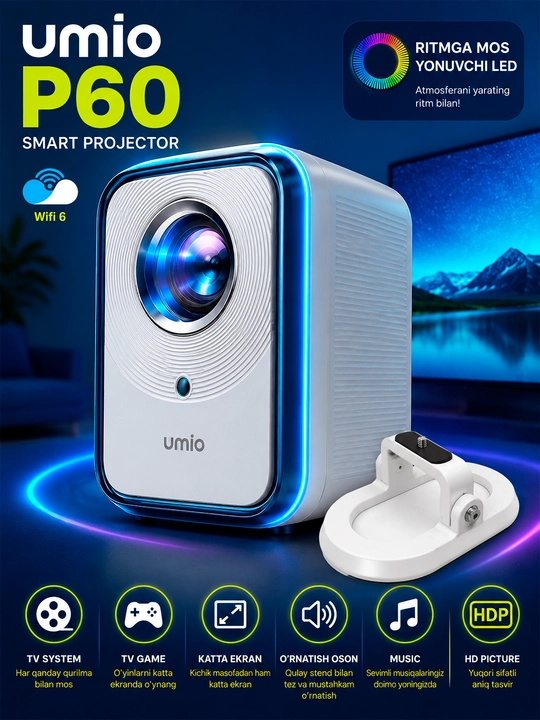 Umio P60 mini proyektor, uy kinoteatri uchun smart proektor va video proektor - 