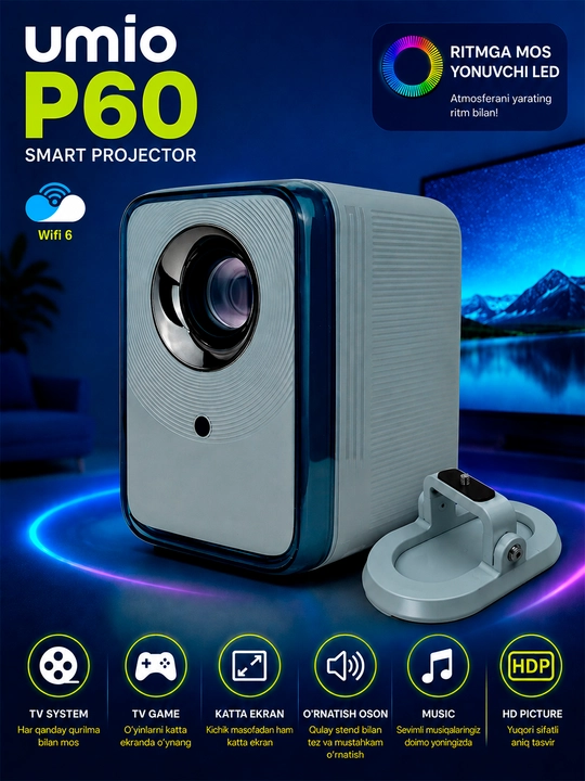 Umio P60 mini proyektor, uy kinoteatri uchun smart proektor va video proektor - 