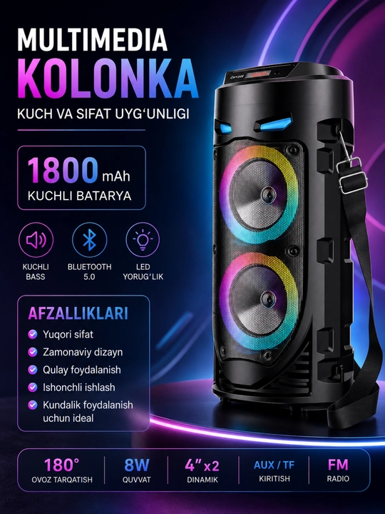 RGB LED, mikrofon va DU pulti bilan jihozlangan ko‘p funksiyali Bluetooth karaoke karnay - 