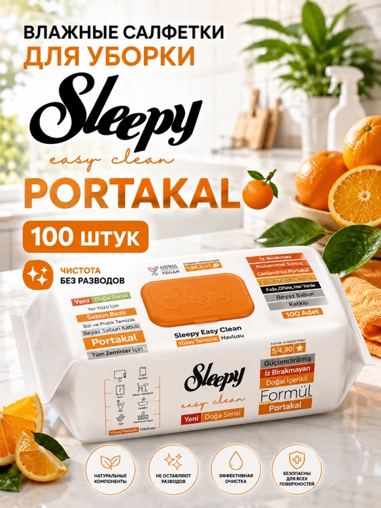 Sleepy xushbo‘y hidli sirkali nam salfetkalar, tozalash uchun nam salfetkalar, 100 dona