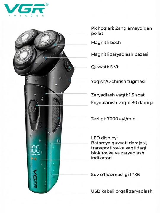 Quruq va nam soqol olish uchun elektr ustara, VGR V-306, 318