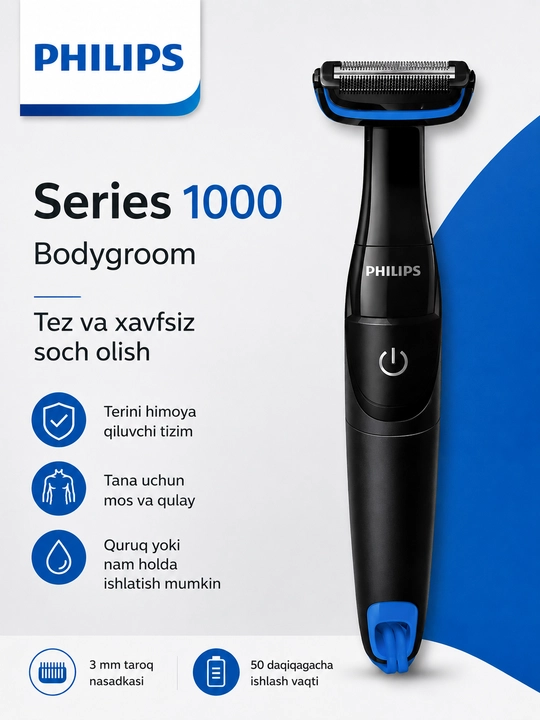 Philips Series 1000 Bodygroom tana uchun trimmer, suv o‘tkazmaydigan, 3 mm nasadka bilan - 