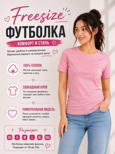 Ayollar Freesize pushti futbolkasi, XS–XXL, 100% paxta, basic kundalik kiyim