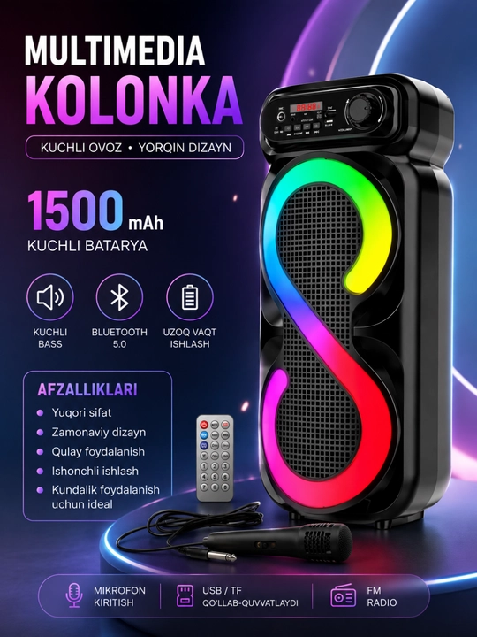 Ko'p Funksiyali Bluetooth Karaoke Kolonkasi, Mikrofon, RGB LED va Masofadan Boshqaruv - 