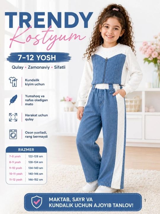 Qizlar uchun jinsi dvoyka kostyum: kofta va shim, bahor-kuz, 7–12 yosh - 